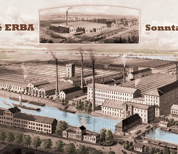 Colorierter Stich der Baumwollspinnerei ERBA in Gaustadt mit der Gaustadter Schleuse und dem Kraftwerk.