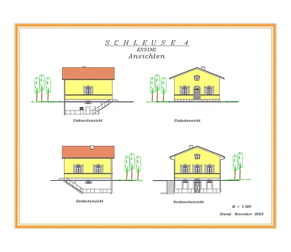 Zeichnung der Ansichten des Schleusenwärterhauses Nr. 4 bei Essing.
