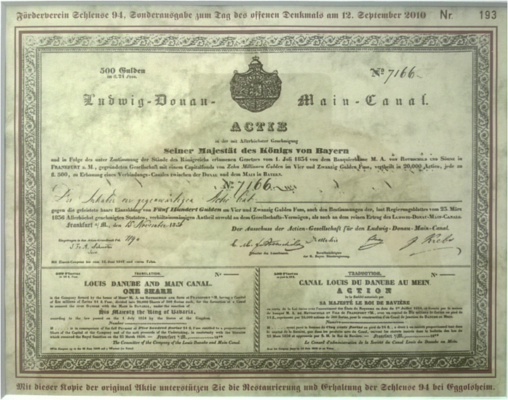 Das Abbild der Ludwigskanal-Aktie ist in der Bavarikon-Datenbank hinterlegt (Bayerisches Wirtschaftsarchiv Signatur: S36, 3903). https://www.bavarikon.de/object/bav:BWA-OBJ-000000000S363903