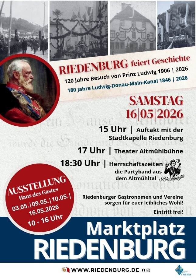 Bühnenprogramm

ab 15.00 Uhr Stadtkapelle Riedenburg
um 17.00 Uhr Theater der Altmühlbühne Riedenburg
ab 18.30 Uhr Partystimmung mit der Band „Herrschaftszeiten“
Kulinarisches Programm

Grillstand und Käse von Hofvermarktung Tratner
Fischgrill vom Altmühlfischereiverein Riedenburg
Kaffee & Kuchen
Weinstand/Aperitiv vom Peter´s Hof 
Kinderprogramm

Bastel- und Malstation
Kinderschminken
Besuch der Drei-Burgen-Königin
