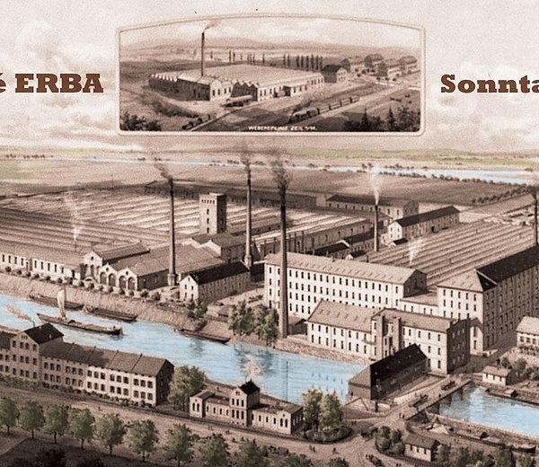 Colorierter Stich der Baumwollspinnerei ERBA in Gaustadt mit der Gaustadter Schleuse und dem Kraftwerk.